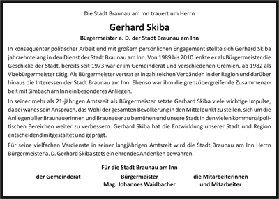 Die Stadt Braunau am Inn trauert um Bürgermeister a. D. Gerhard Skiba