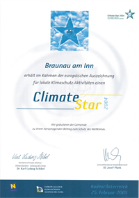 Urkunde zum Climate Star 2004 für das Geothermie-Projekt Braunau-Simbach